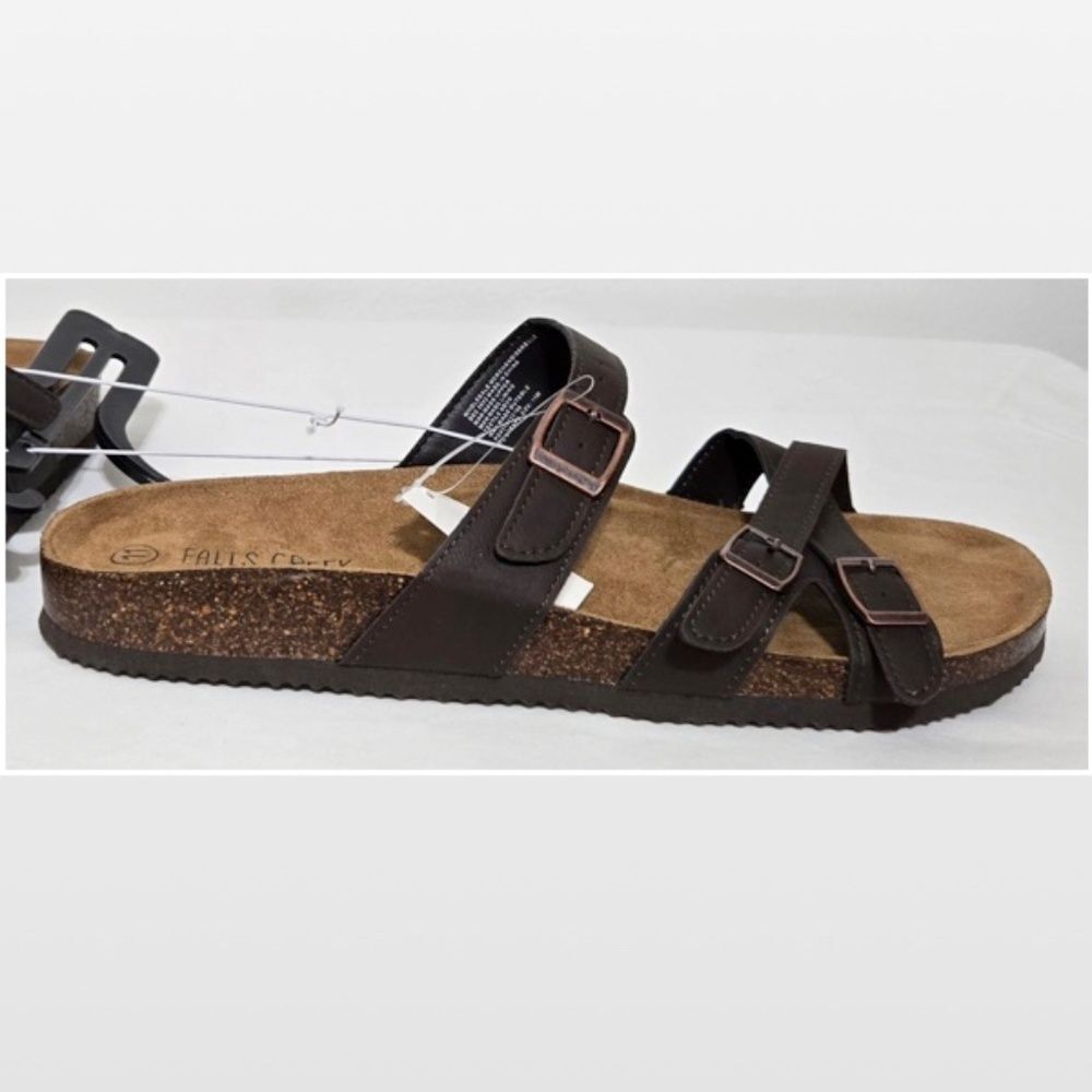 New Falls Creek Shoes Womens Sandals Dark Brown Straps Buckles Slip On Size 11 - Picture 3 of 15